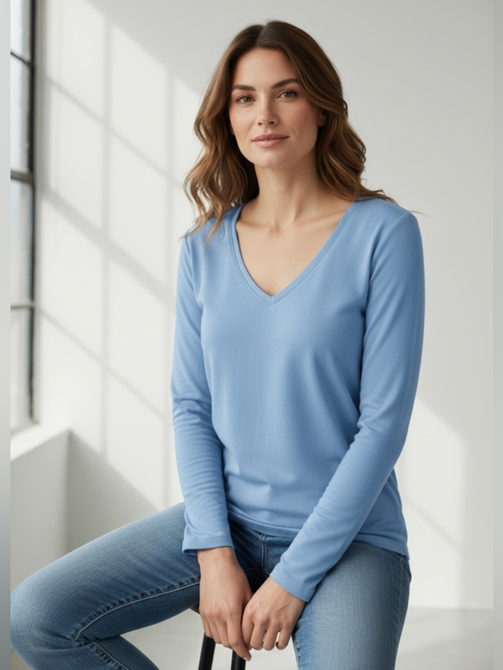 JUDY P Top Blouse Stretch Heavy Baby Blue 3/4 Sleeves XL